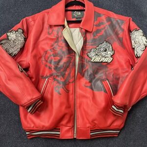 Y2K IMPAQ Hip Hop Jacket Mens Large Red Faux Leather Dragon Tiger Bomber Tattoo